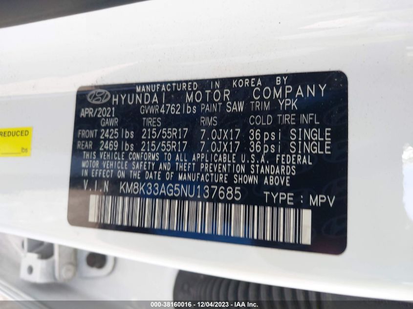2022 HYUNDAI KONA ELECTRIC SEL KM8K33AG5NU137685