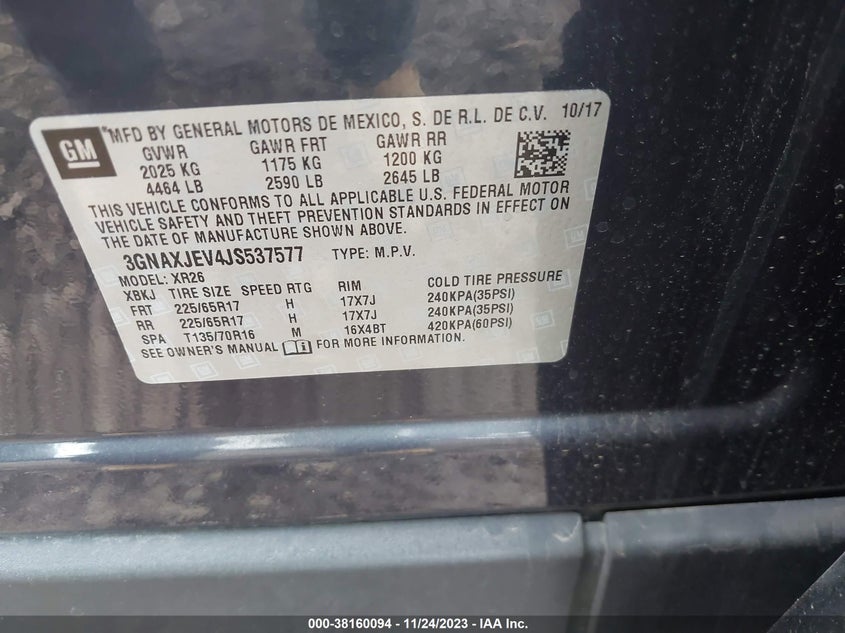 VIN 3GNAXJEV4JS537577 2018 CHEVROLET EQUINOX LT