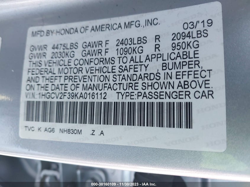 VIN 1HGCV2F39KA016112 2019 HONDA ACCORD SPORT