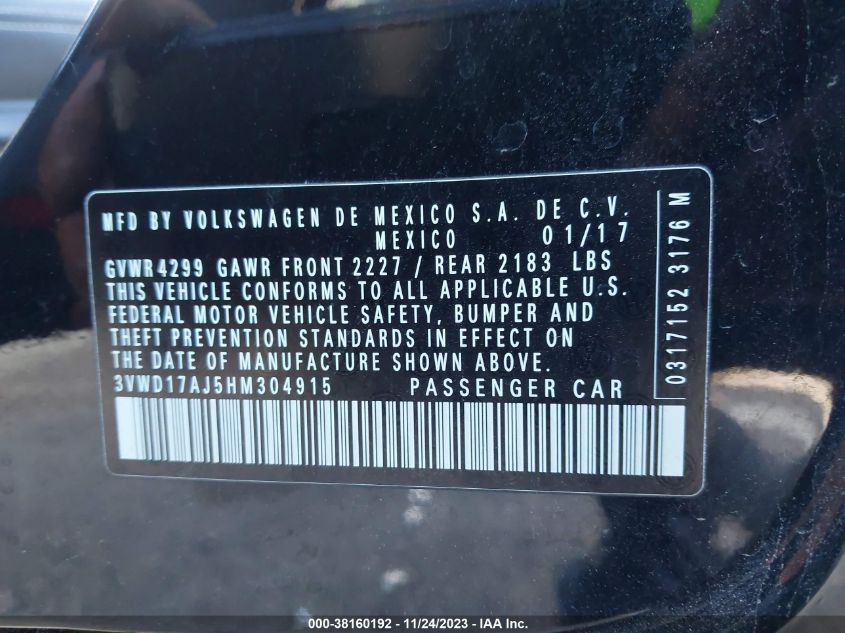 2017 VOLKSWAGEN JETTA SPORT - 3VWD17AJ5HM304915