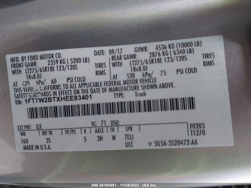 2017 FORD F-250 XLT - 1FT7W2BTXHEE83401
