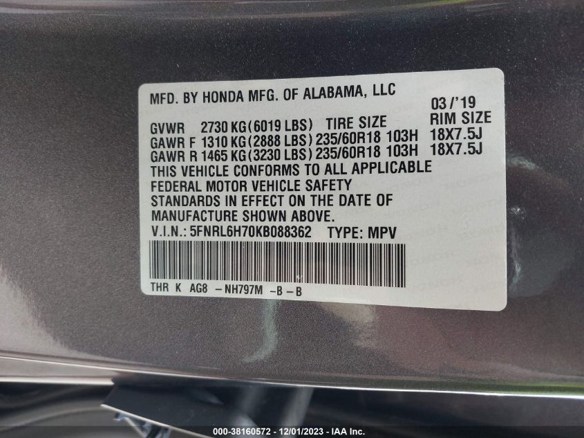 5FNRL6H70KB088362 2019 HONDA ODYSSEY, photo no. 9