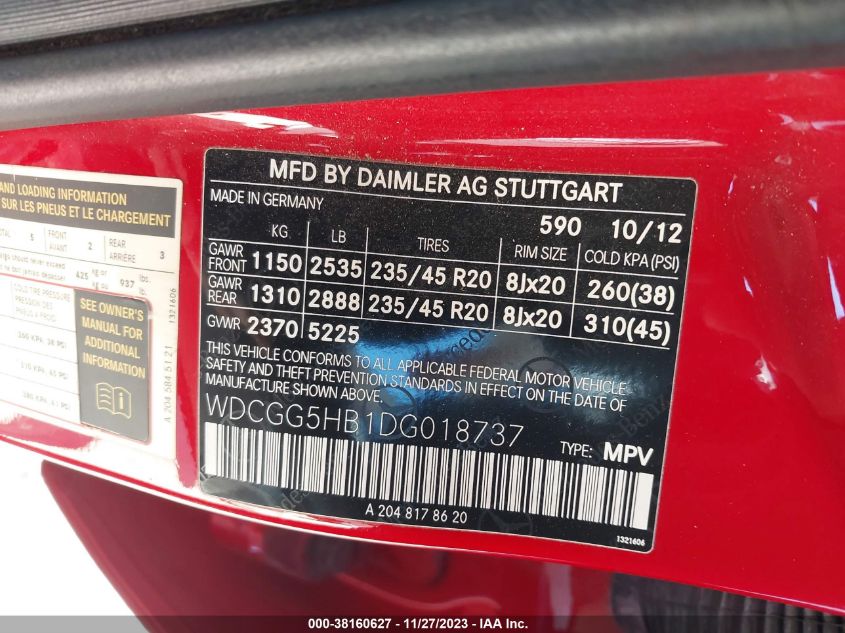 2013 MERCEDES-BENZ GLK 350 WDCGG5HB1DG018737