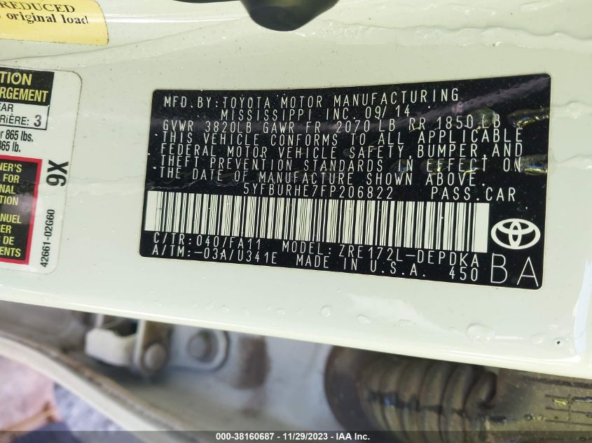 2015 TOYOTA COROLLA L - 5YFBURHE7FP206822