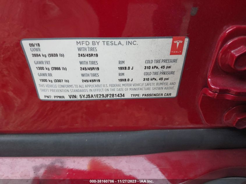 2018 TESLA MODEL S 100D/75D/P100D - 5YJSA1E29JF281434