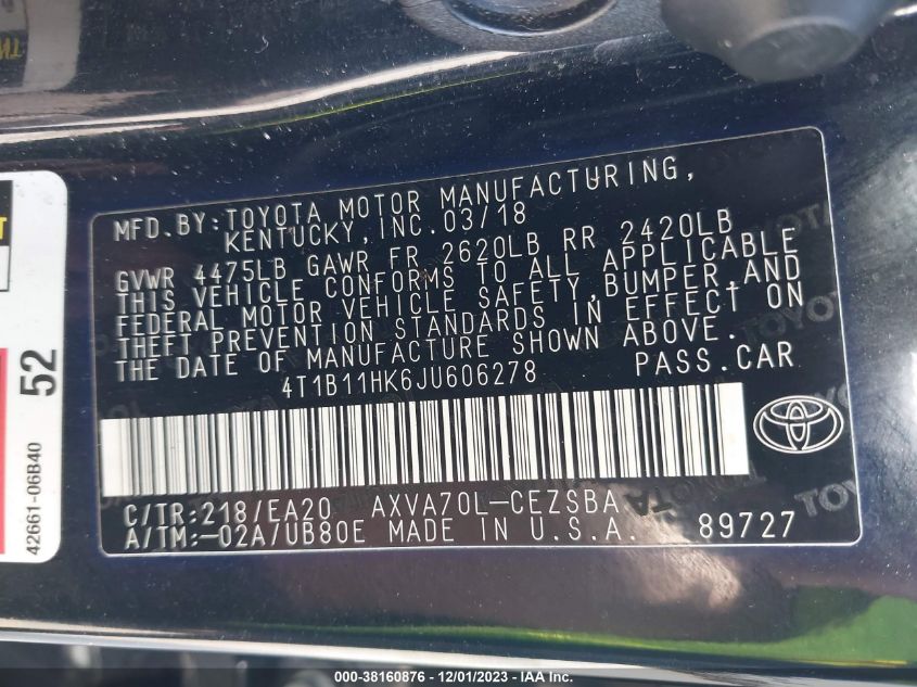 2018 TOYOTA CAMRY L/LE/XLE/SE/XSE - 4T1B11HK6JU606278