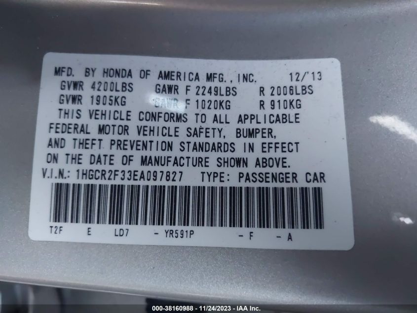 2014 HONDA ACCORD LX - 1HGCR2F33EA097827