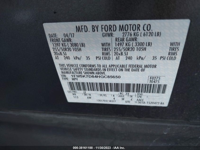VIN 1FM5K7D84HGC85650 2017 FORD EXPLORER XLT