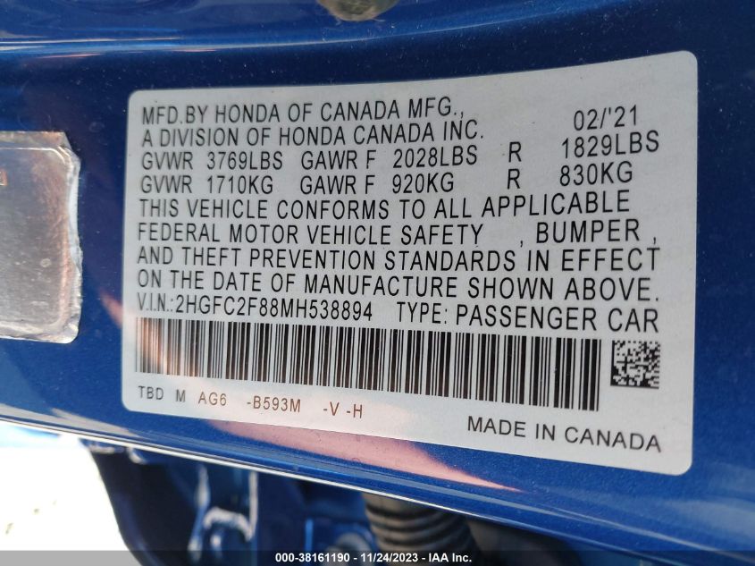 2021 HONDA CIVIC SPORT - 2HGFC2F88MH538894