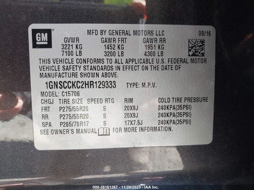 2017 CHEVROLET TAHOE PREMIER - 1GNSCCKC2HR129333