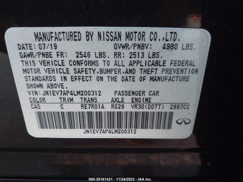 VIN JN1EV7AP4LM200312 2020 INFINITI Q50 LUXE