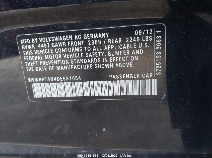 2013 VOLKSWAGEN CC 2.0T SPORT - WVWBP7AN4DE531654