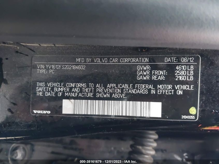 2013 VOLVO S60 T5/T5 PLATINUM - YV1612FS2D2184602