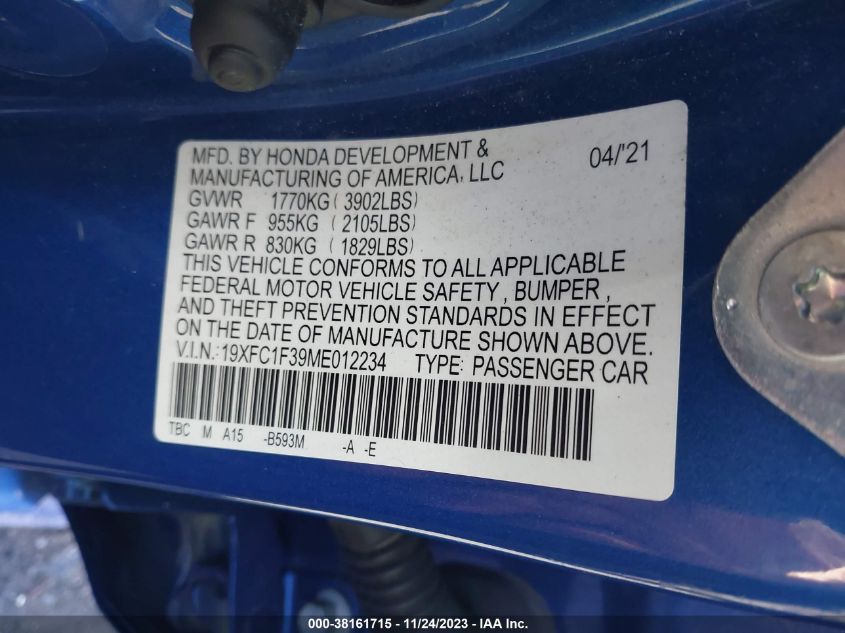 2021 HONDA CIVIC EX - 19XFC1F39ME012234