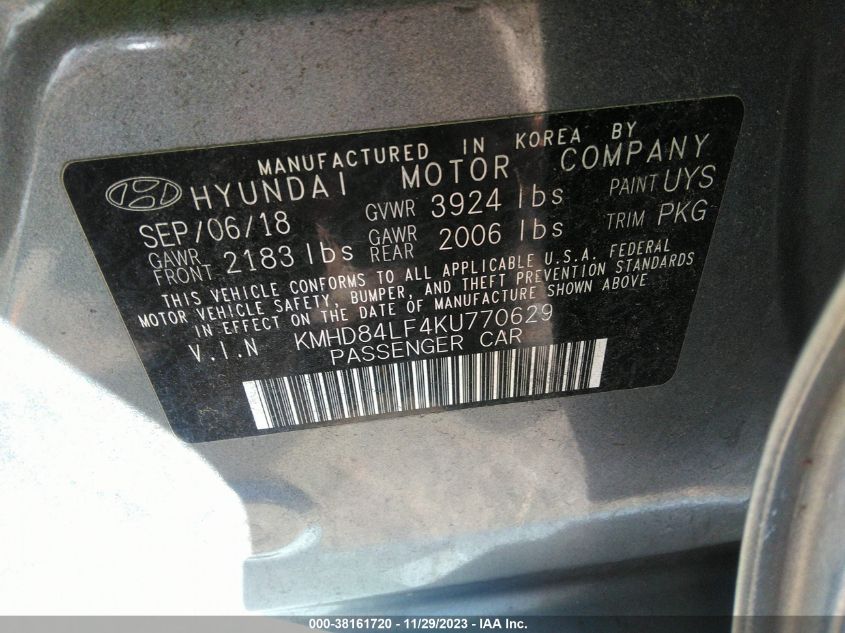 2019 HYUNDAI ELANTRA SEL/VALUE/LIMITED - KMHD84LF4KU770629
