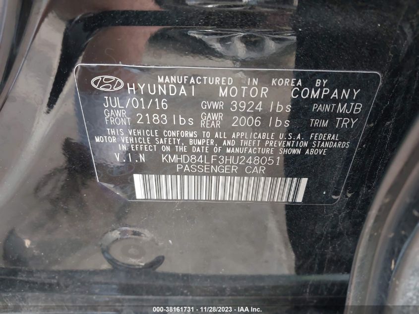 2017 HYUNDAI ELANTRA SE/VALUE/LIMITED - KMHD84LF3HU248051