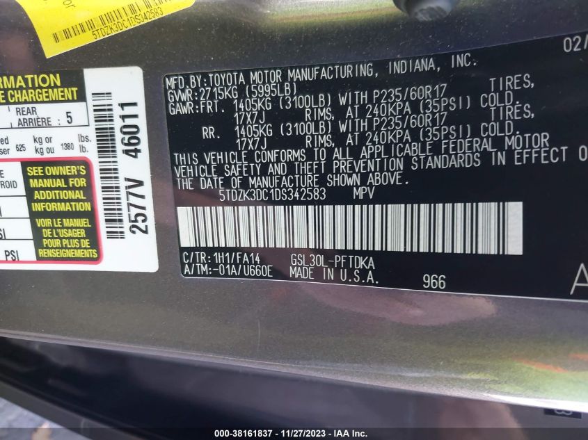 2013 TOYOTA SIENNA L V6 7 PASSENGER - 5TDZK3DC1DS342583