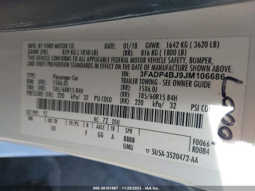 VIN 3FADP4BJ9JM106686 2018 FORD FIESTA SE
