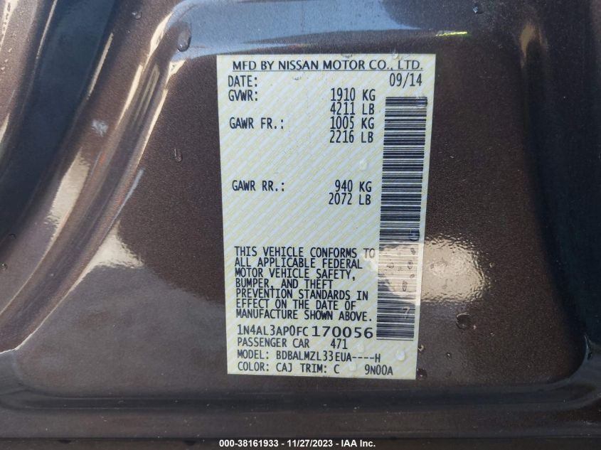 2015 NISSAN ALTIMA 2.5 SV - 1N4AL3AP0FC170056