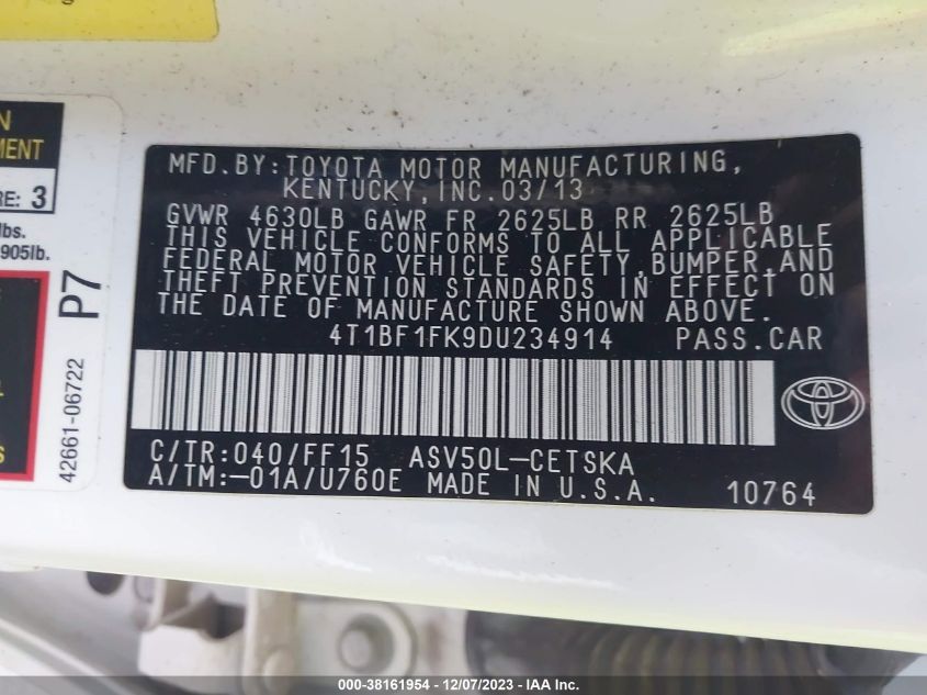 2013 TOYOTA CAMRY L/SE/LE/XLE - 4T1BF1FK9DU234914