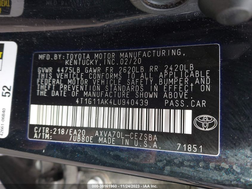 2020 TOYOTA CAMRY SE/SE NIGHT SHADE - 4T1G11AK4LU940439