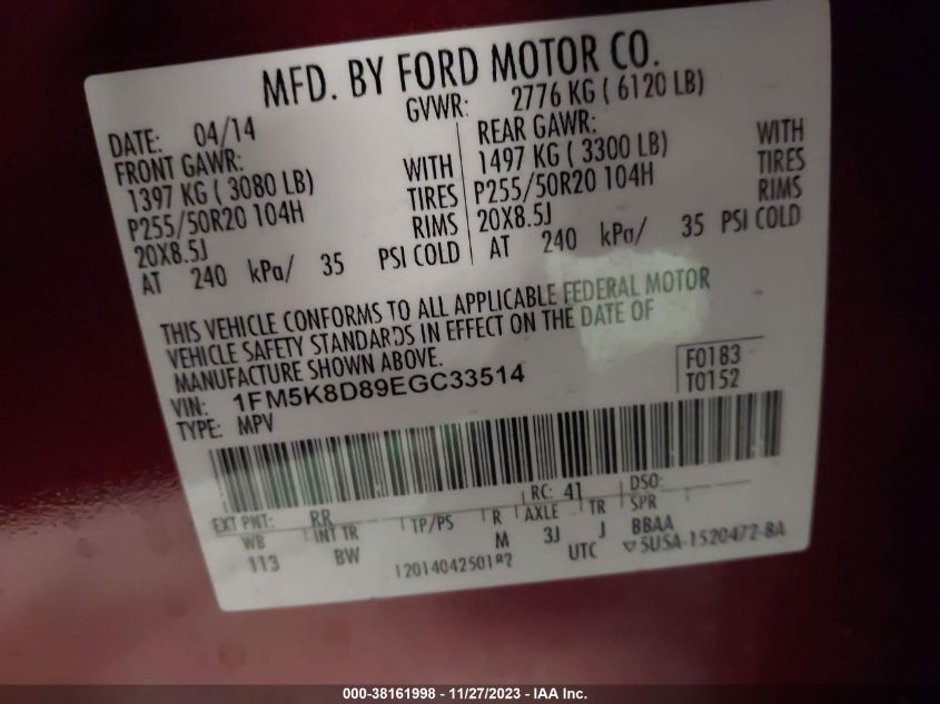 2014 FORD EXPLORER XLT - 1FM5K8D89EGC33514