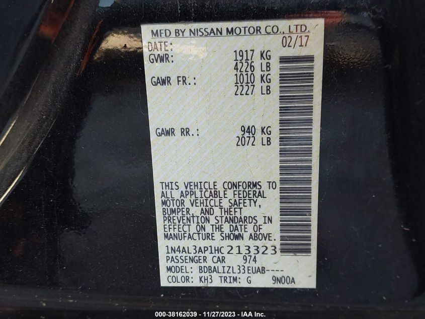 2017 NISSAN ALTIMA 2.5/S/SV/SL/SR - 1N4AL3AP1HC213323