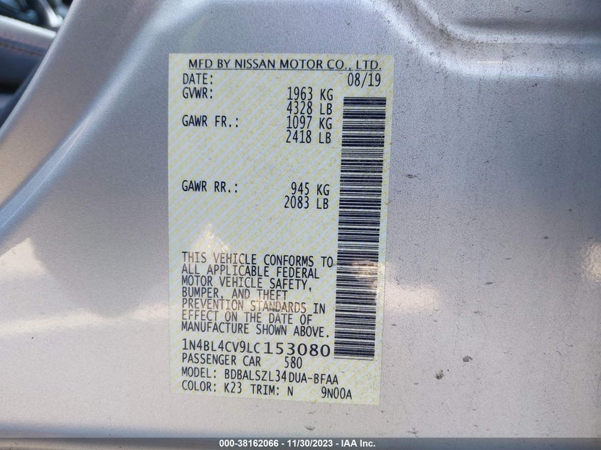 VIN 1N4BL4CV9LC153080 2020 NISSAN ALTIMA SR FWD