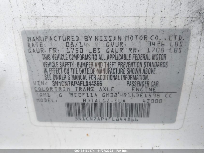 2015 NISSAN VERSA 1.6 SL - 3N1CN7AP4FL844866