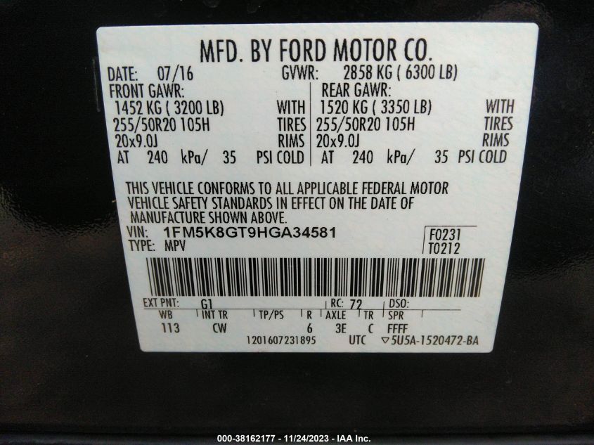2017 FORD EXPLORER SPORT - 1FM5K8GT9HGA34581