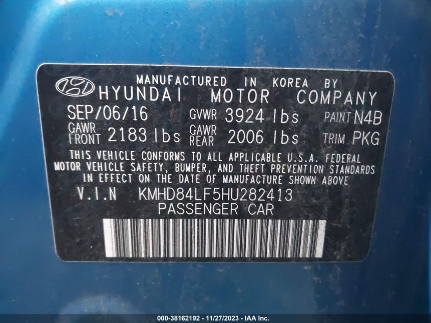 2017 HYUNDAI ELANTRA LIMITED - KMHD84LF5HU282413