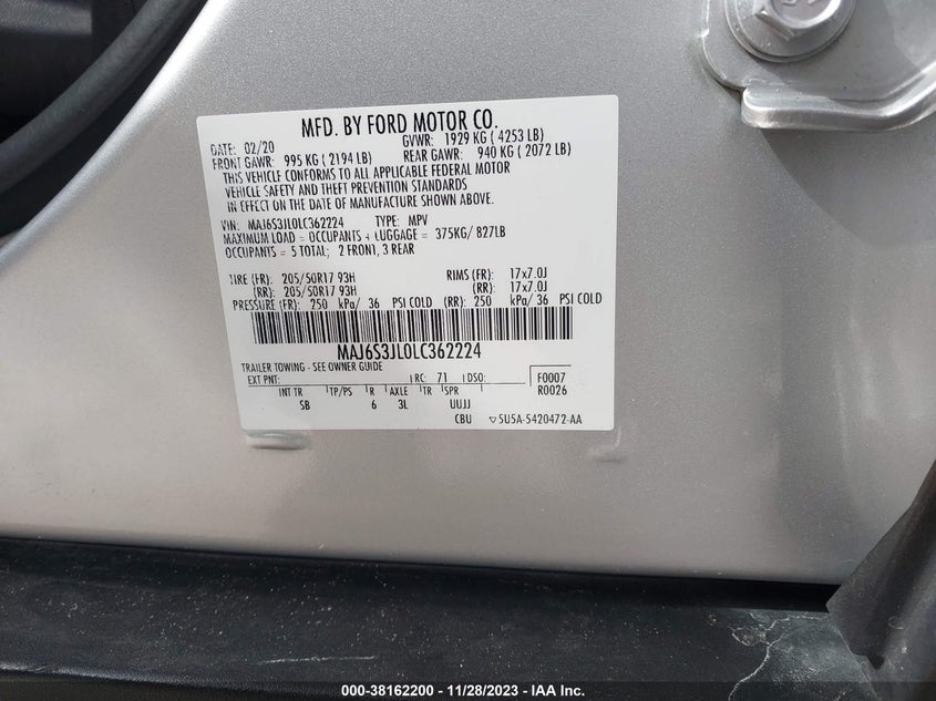 VIN MAJ6S3JL0LC362224 2020 FORD ECOSPORT SES