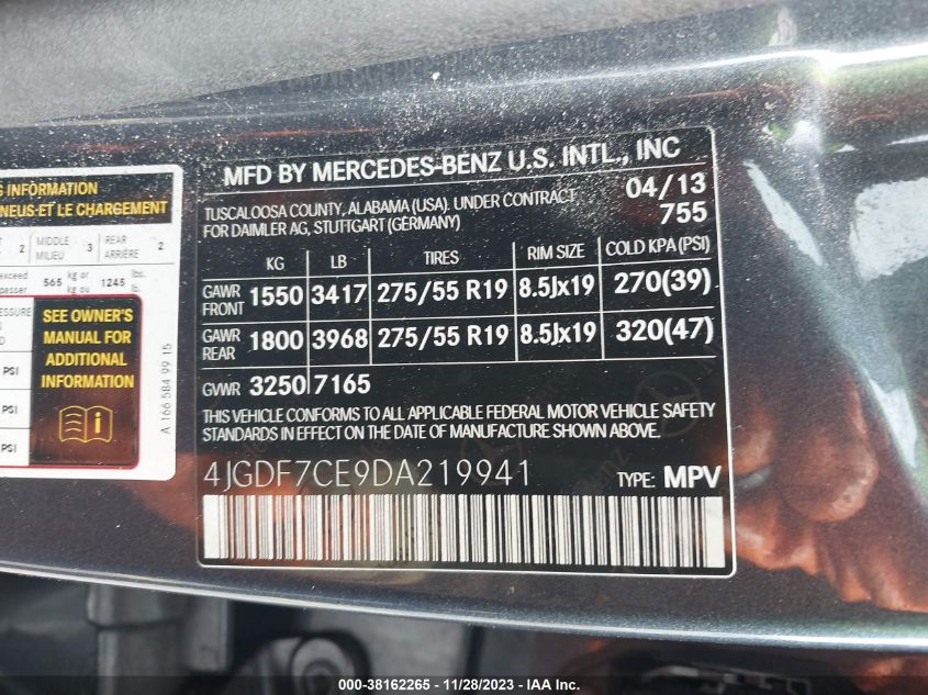 2013 MERCEDES-BENZ GL 450 4MATIC 4JGDF7CE9DA219941
