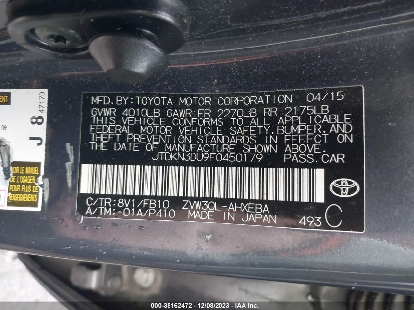 2015 TOYOTA PRIUS - JTDKN3DU9F0450179