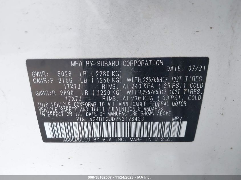 2022 SUBARU OUTBACK WILDERNESS - 4S4BTGUD2N3126433