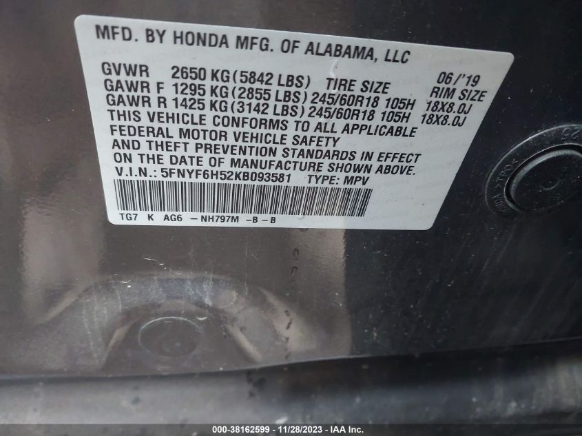 2019 HONDA PILOT EX-L - 5FNYF6H52KB093581