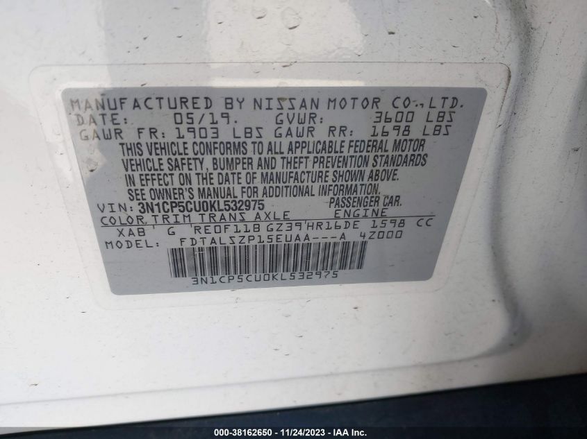 2019 NISSAN KICKS S/SR/SV - 3N1CP5CU0KL532975