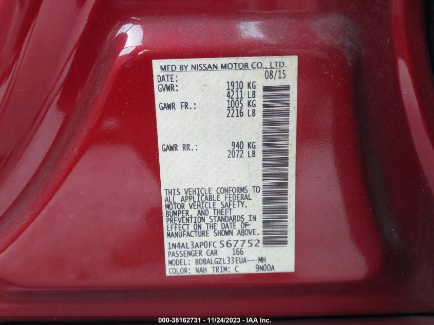 2015 NISSAN ALTIMA 2.5/S/SV/SL - 1N4AL3AP0FC567752