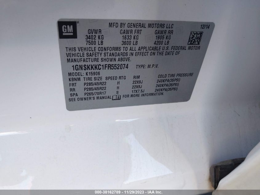 2015 CHEVROLET SUBURBAN 1500 LTZ 1GNSKKKC1FR552074