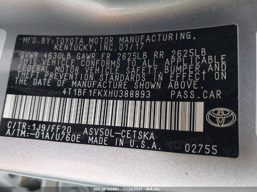 2017 TOYOTA CAMRY LE/XLE/SE/XSE - 4T1BF1FKXHU388893