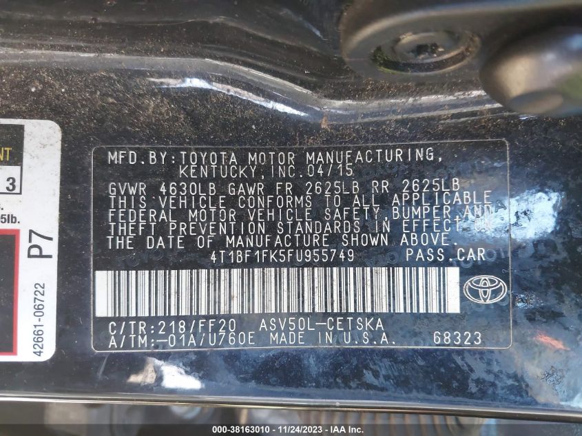 2015 TOYOTA CAMRY LE/XLE/SE/XSE - 4T1BF1FK5FU955749