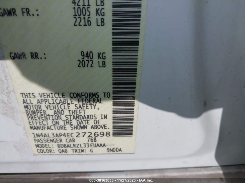 2014 NISSAN ALTIMA 2.5/2.5 S/2.5 SL/2.5 SV - 1N4AL3AP4EC272698