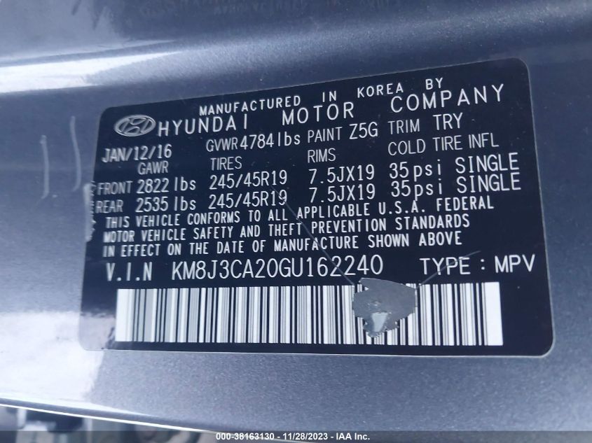 2016 HYUNDAI TUCSON LIMITED/SPORT AND ECO/SE - KM8J3CA20GU162240