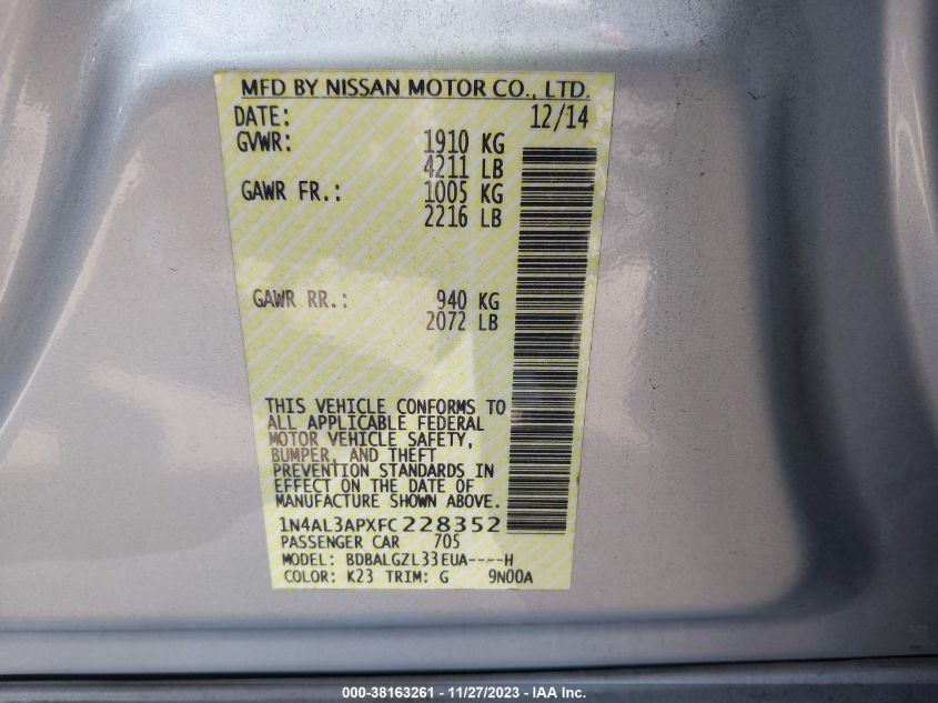 2015 NISSAN ALTIMA 2.5 S - 1N4AL3APXFC228352