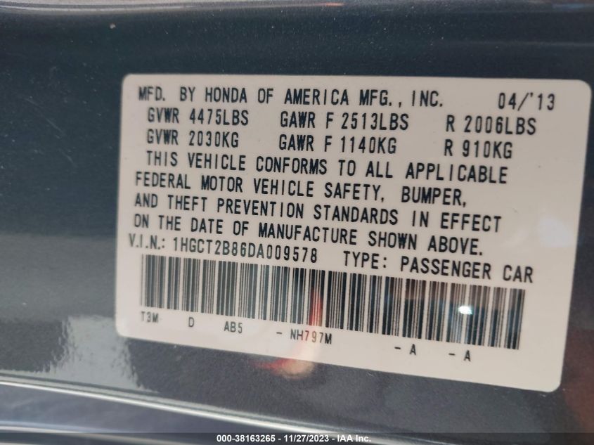 2013 HONDA ACCORD EX-L V-6 - 1HGCT2B86DA009570