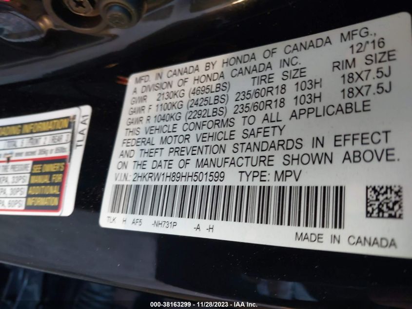 2017 HONDA CR-V EXL - 2HKRW1H89HH501599