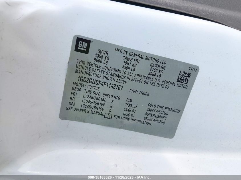 2015 CHEVROLET EXPRESS 3500 WORK VAN 1GCZGUCF4F1142767