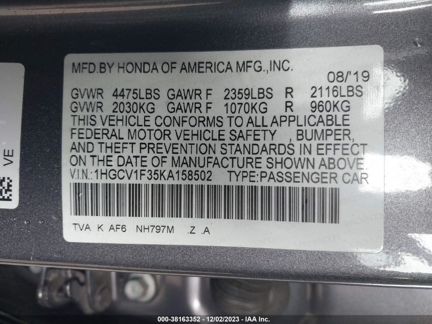 2019 HONDA ACCORD SPORT - 1HGCV1F35KA158502