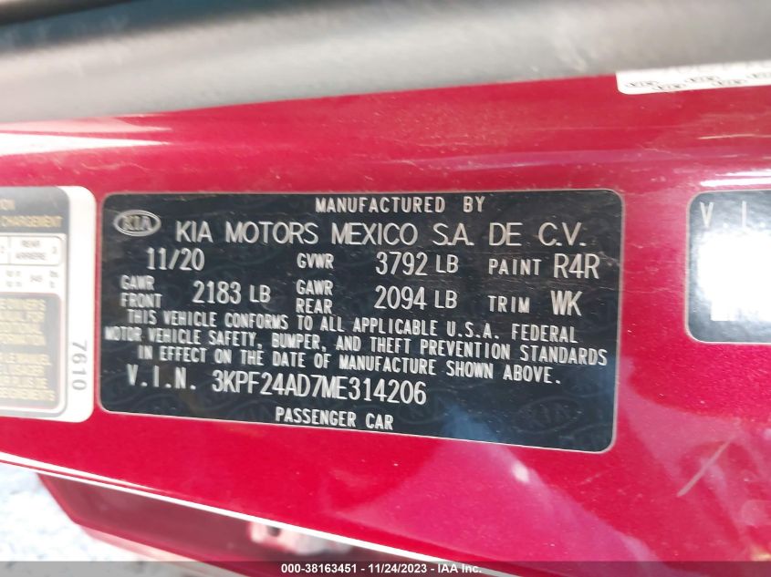 2021 KIA FORTE LXS - 3KPF24AD7ME314206