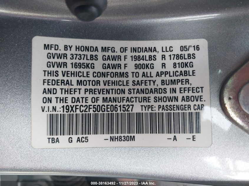 2016 HONDA CIVIC LX - 19XFC2F50GE061527